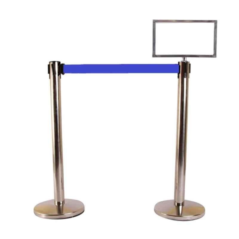 Ladwa 2 Pcs Stainless Steel Hook Type Barricade Set with 2.25m Blue Belt & A3 Sign Plate, LSI-QMBE-A3-P2-N