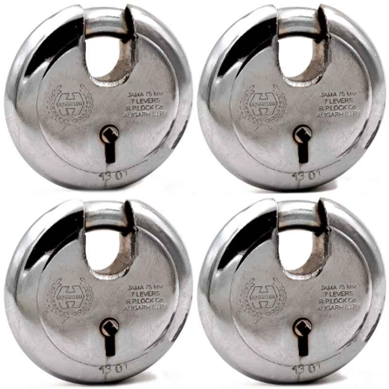 Harrison 75mm 6 Lever Mild Steel Bright Chrome Plated Finish Round Padlock with 3 Keys, JAMA-0251 (Pack of 4)