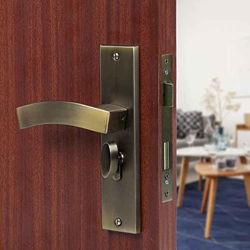 Saze 8 inch Stainless Steel Antique Brass Finish Cylindrical Plate One Side Key Mortise Door Lock Handle Set with 3 Keys, LB-10002