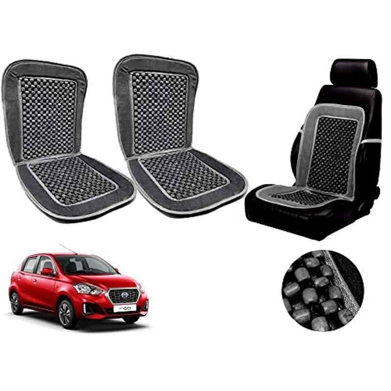 Auto Pearl PU, Velvet & Wooden Beads Grey Rectangular Seat Cushion for Datsun Go (Pack of 2 )