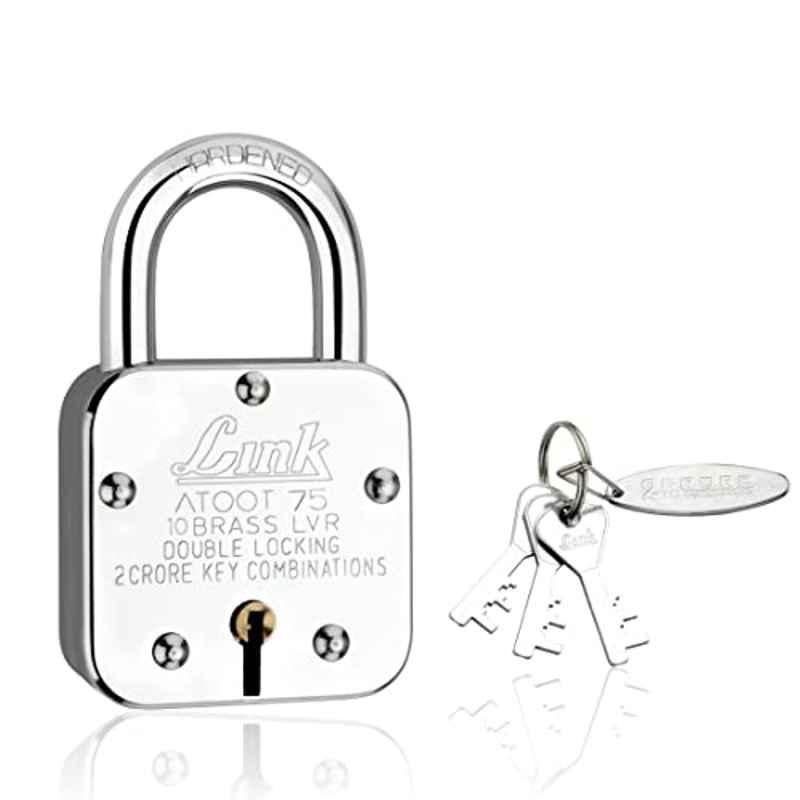 Link 75mm Steel Long Hardened Shackle Padlock with 10 Brass Lever, 3 Silver Keys, Keychain & Free Key Hanger, Atoot 75
