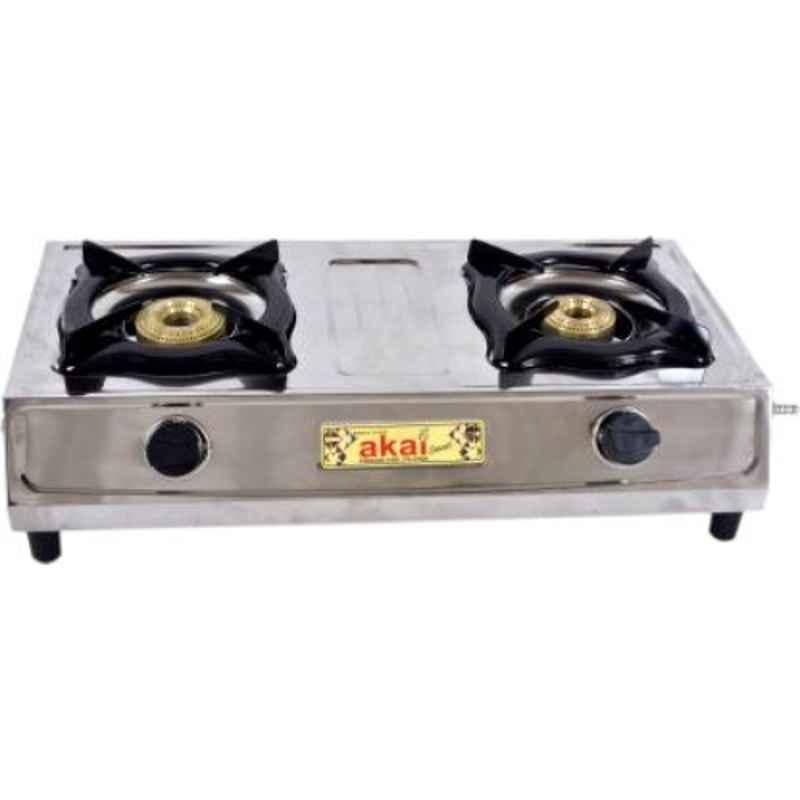 Akai Smart 2 Burner Silver Stainless Steel Top Manual Gas Stove