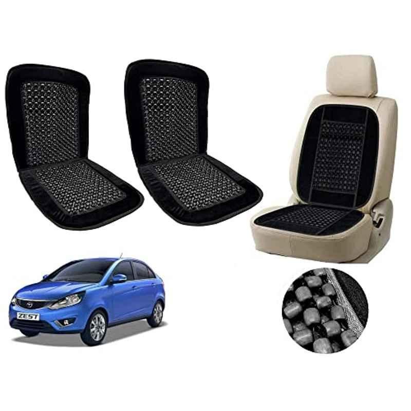 Auto Pearl PU, Velvet & Wooden Beads Black Rectangular Seat Cushion for Tata Zest (Pack of 2 )