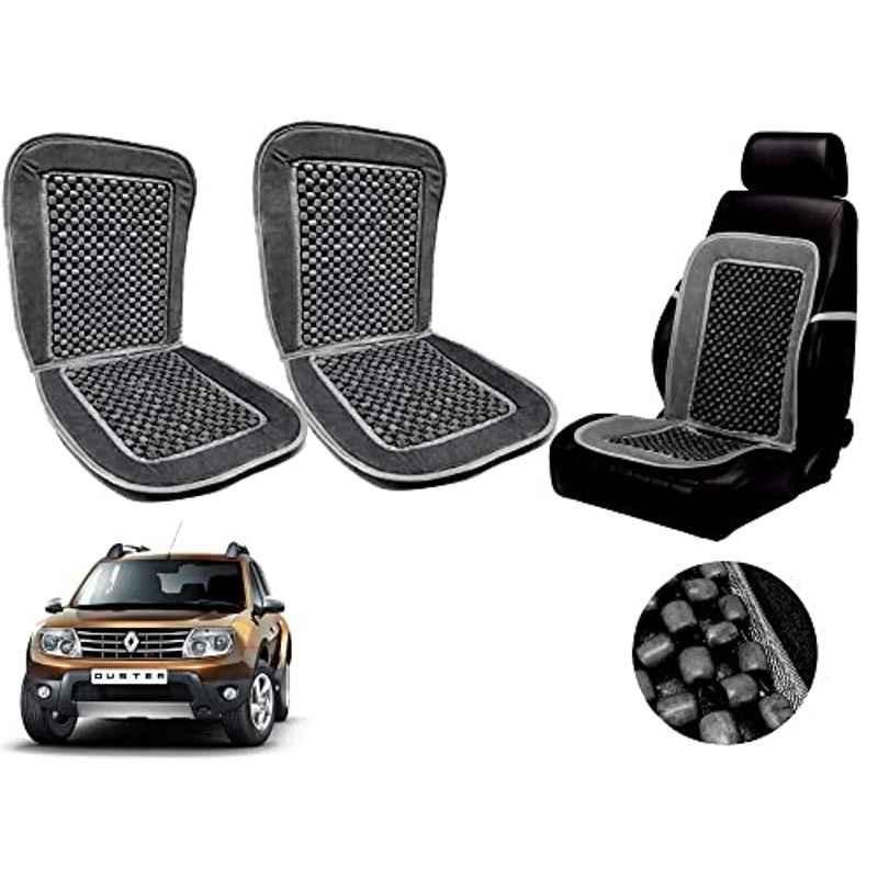 Auto Pearl PU, Velvet & Wooden Beads Grey Rectangular Seat Cushion for Renault Duster (Pack of 2 )