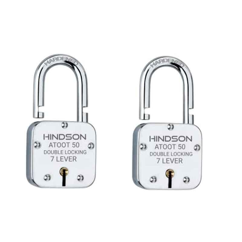 Hindson 50mm Silver Steel Double Locking Padlock with 3 Keys, Atoot 50 (Pack of 2)