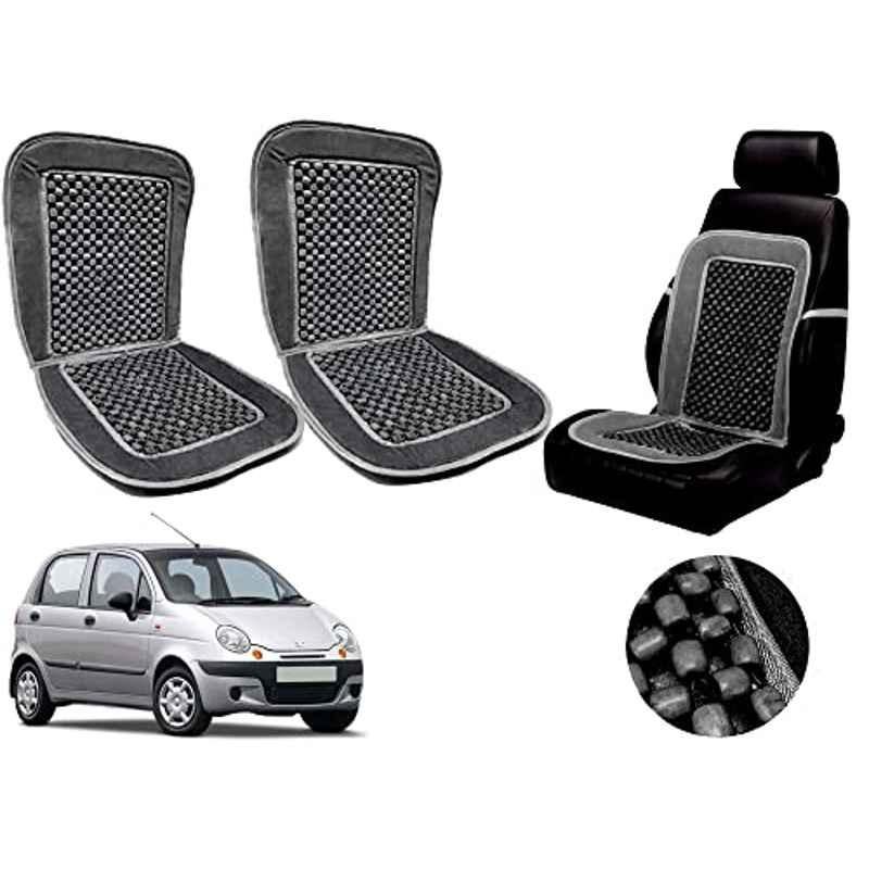 Auto Pearl PU, Velvet & Wooden Beads Grey Rectangular Seat Cushion for Daewoo Matiz (Pack of 2 )