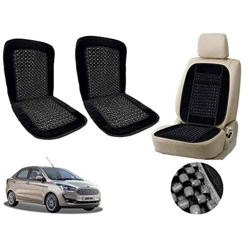 Auto Pearl PU, Velvet & Wooden Beads Black Rectangular Seat Cushion for Ford Aspire (Pack of 2 )