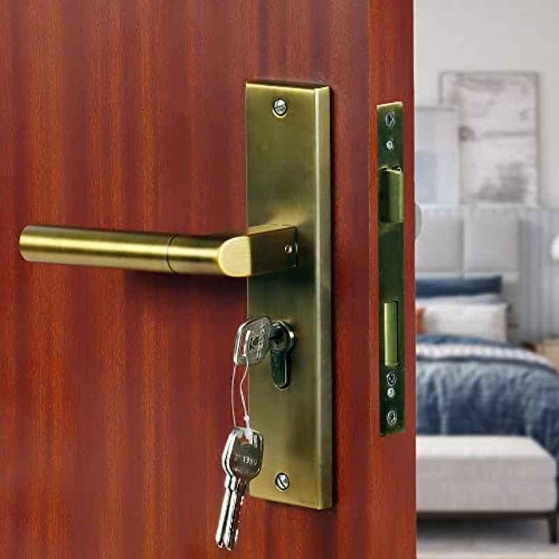 Saze 8 inch Stainless Steel Antique Brass Matt Finish Cylindrical Plate Mortise Door Lock Pull Handle Set with 3 Computer Keys, Mg303