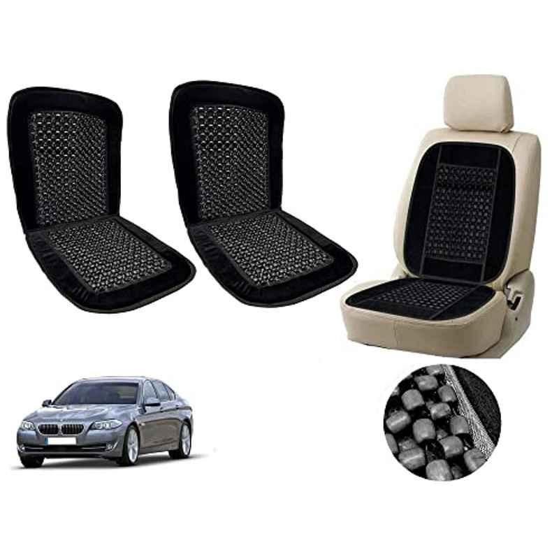 Auto Pearl PU, Velvet & Wooden Beads Black Rectangular Seat Cushion for BMW 525i (Pack of 2 )