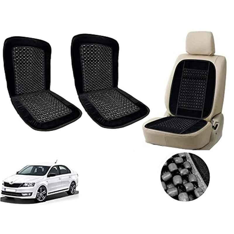 Auto Pearl PU, Velvet & Wooden Beads Black Rectangular Seat Cushion for Skoda Rapid 2012 (Pack of 2 )