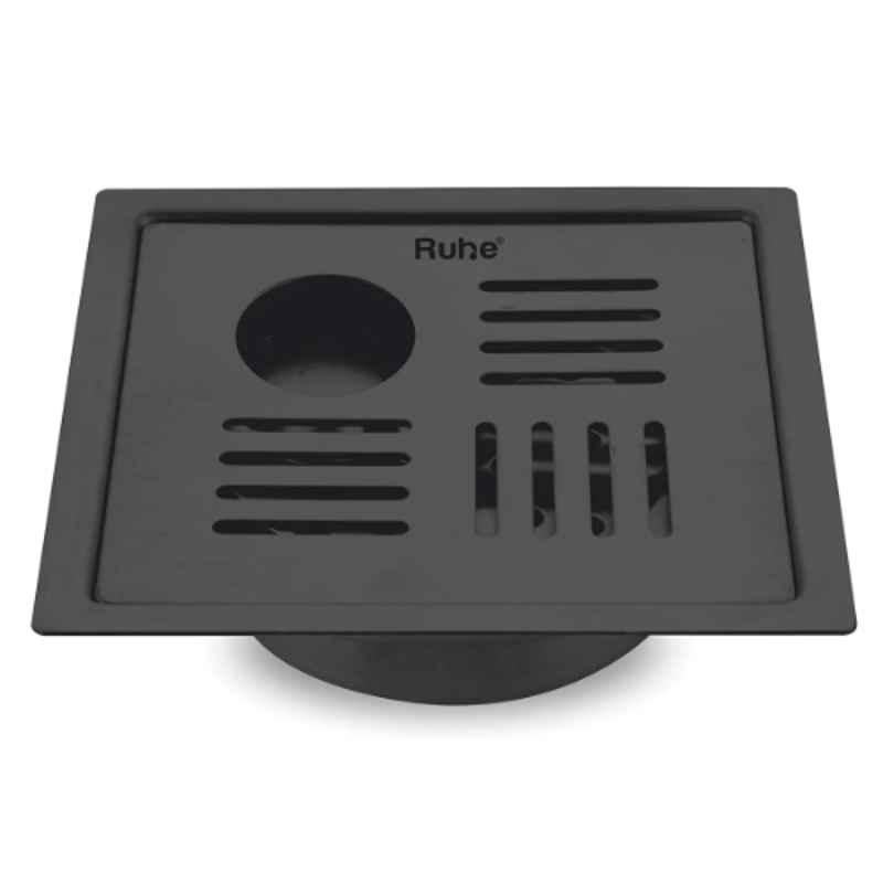 Ruhe Ruby 6x6 inch Stainless Steel 304 Black PVD Coating Square Flat Cut Floor Drain with Hole, 16-0338-16