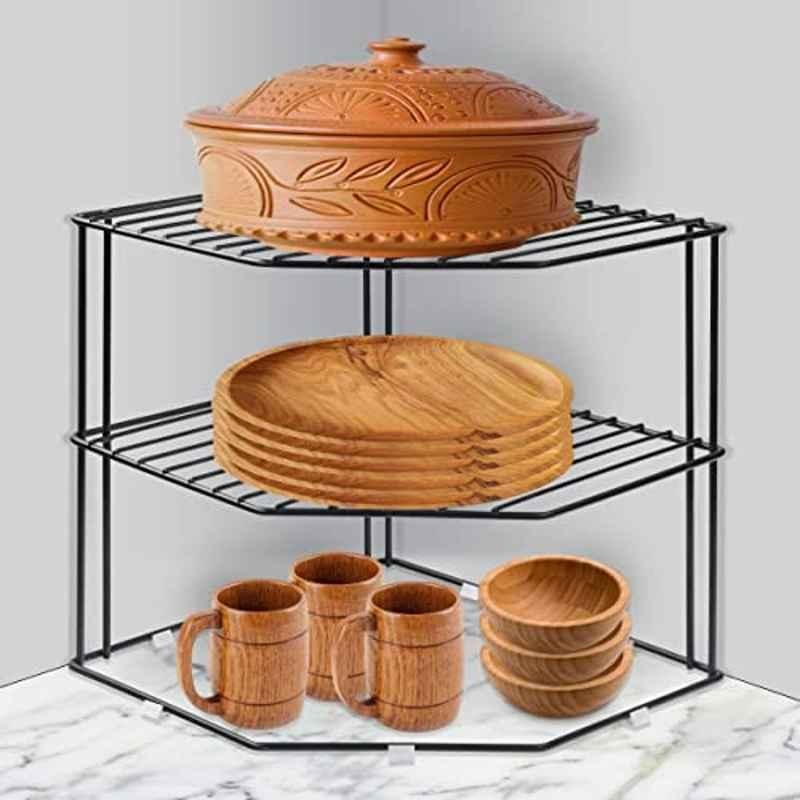 Plantex Stainless Steel Black Floor Mount Multipurpose 3 Tier Kitchen Corner Storage Shelf, APS-140