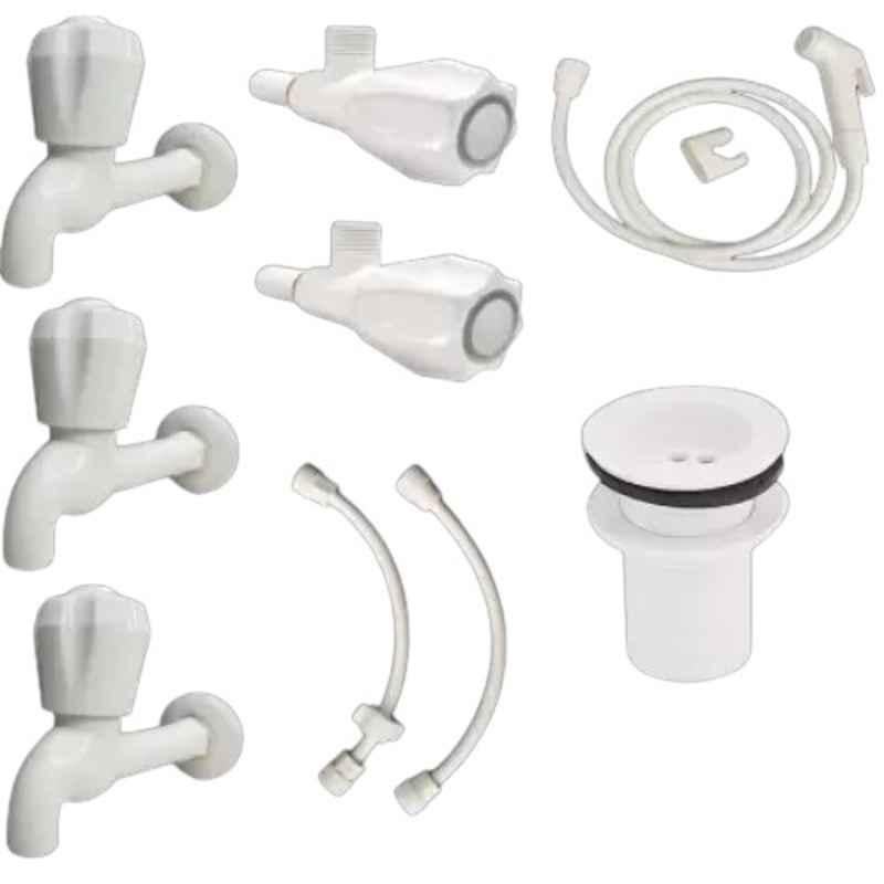 Fastgear 9 Pcs ABS Plastic White Glossy Finish Wall Mount Bathroom Fitting Set with Conti Health Faucet & Pipe
