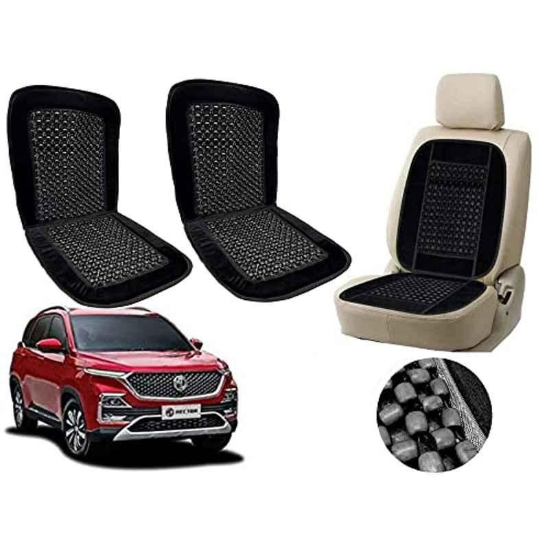Auto Pearl PU, Velvet & Wooden Beads Black Rectangular Seat Cushion for MG Hector (Pack of 2 )
