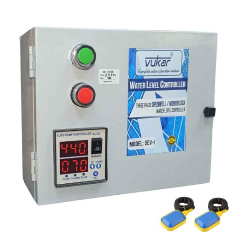 Vukar DEV-I 2-20HP Three Phase Digital Fully Automatic Water Level Controller with Dual Tank Float Switch Sensor for Open Well/Monoblock Water Pump, DEV-I1