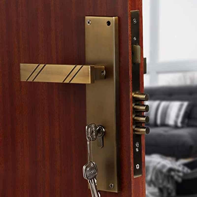 Saze Altis 10 inch Stainless Steel Antique Brass Finish Cylindrical Plate 4 Bullet Pin Mortise Door Lock Handle Set with 3 Computer Keys