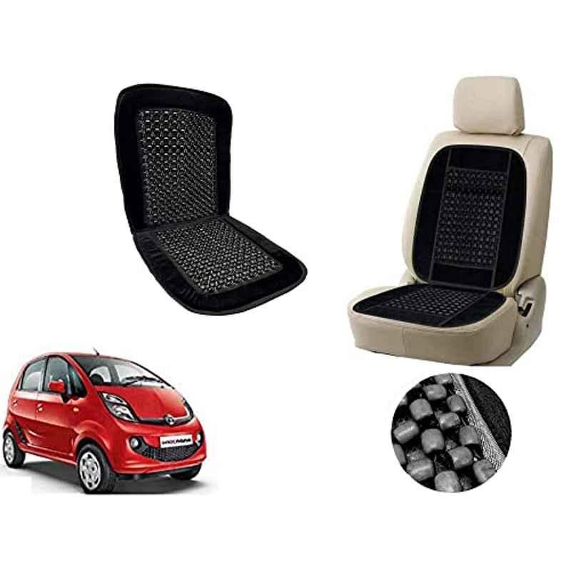 Auto Pearl PU, Velvet & Wooden Beads Black Rectangular Seat Cushion for Tata Nano Genx