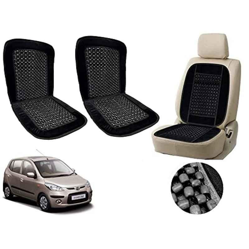 Auto Pearl PU, Velvet & Wooden Beads Black Rectangular Seat Cushion for Hyundai i10 Type-1 (Pack of 2 )