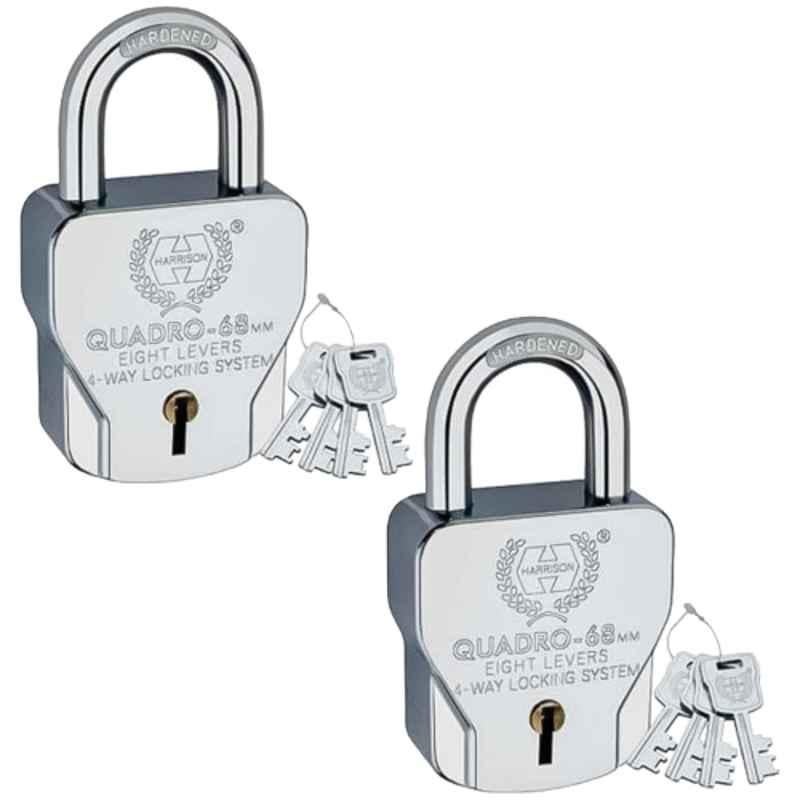 Harrison 68mm 8 Lever Mild Steel Bright Chrome Plated Finish Square Padlock with 4 Keys, QUADRO-5560 (Pack of 2)
