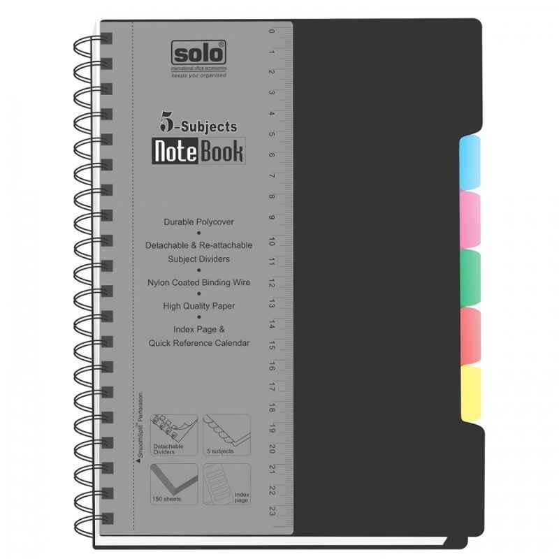 Solo A5 300 Pages Black 5-Subjects Notebook, NA 556 (Pack of 5)