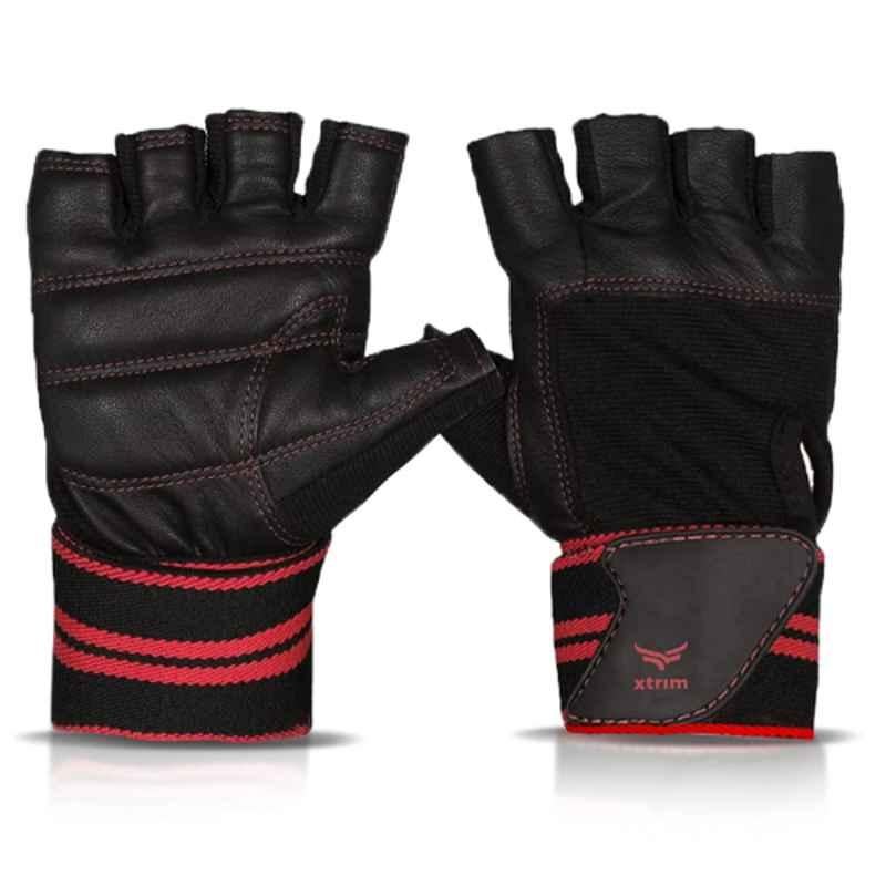 Xtrim Macho Leather Black & Red Half Finger Unisex Gym Glove, Size: XL