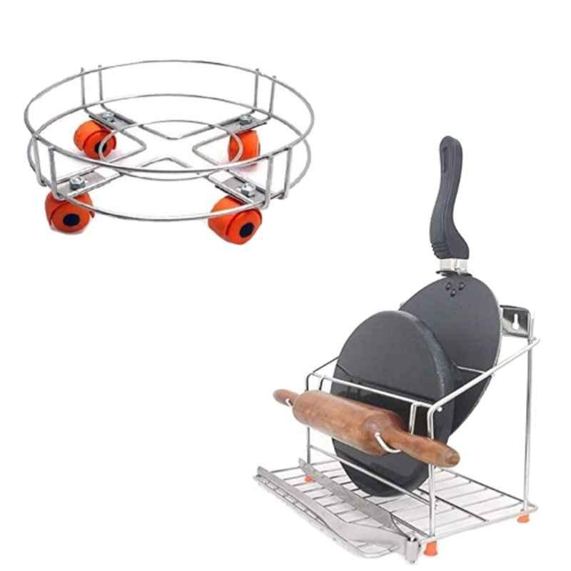 Nisko Stainless Steel 4 in 1 Holder Chakla Belan & Tawa Stand with Cylinder Trolley Stand Combo