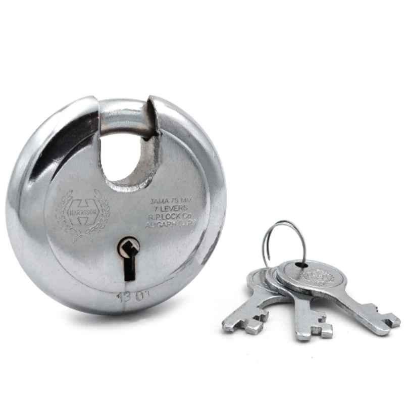 Harrison 75mm 6 Lever Mild Steel Bright Chrome Plated Finish Round Padlock with 3 Keys, JAMA-0251