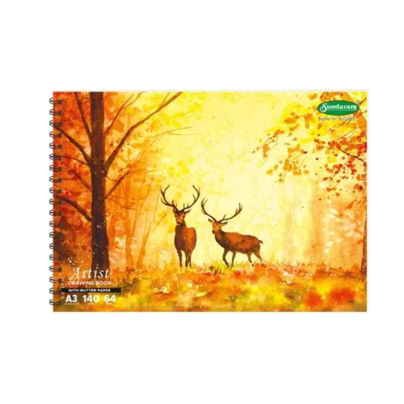 Sundaram 64 Pages 42x29.5cm Top Spiral-Bound A3 Butter Paper Artist Drawing Book with Superior Binding Strength & Wrapper Lamination, D-12B (Pack of 9)