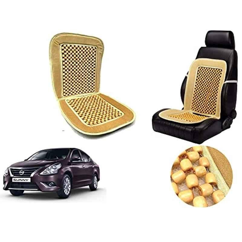 Auto Pearl PU, Velvet & Wooden Beads Beige Rectangular Seat Cushion for Nissan Sunny New