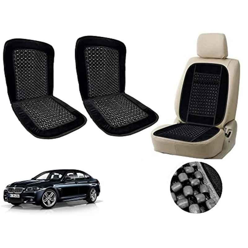 Auto Pearl PU, Velvet & Wooden Beads Black Rectangular Seat Cushion for BMW 5 Series (Pack of 2 )