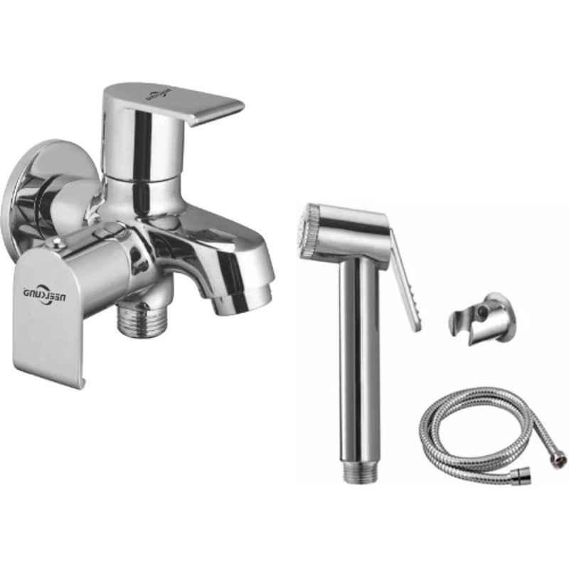 Neelkund Waterfall Brass Silver Chrome Finish 2 Way Bib Tap with Twin Elbow Valve & Jaquar Health Faucet