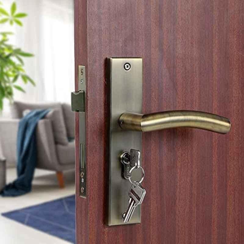 Voltizi 8 inch Stainless Steel 304 Antique Brass Finish Cylindrical Plate Mortise Door Lock Handle Set with Both Side Key 60mm Brass Cylinder, MG-1105