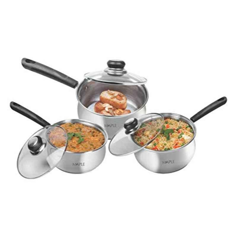 Maple 3 Pcs 22cm Stainless Steel Silver Kadhai Pan Set with Lid, 72SS021
