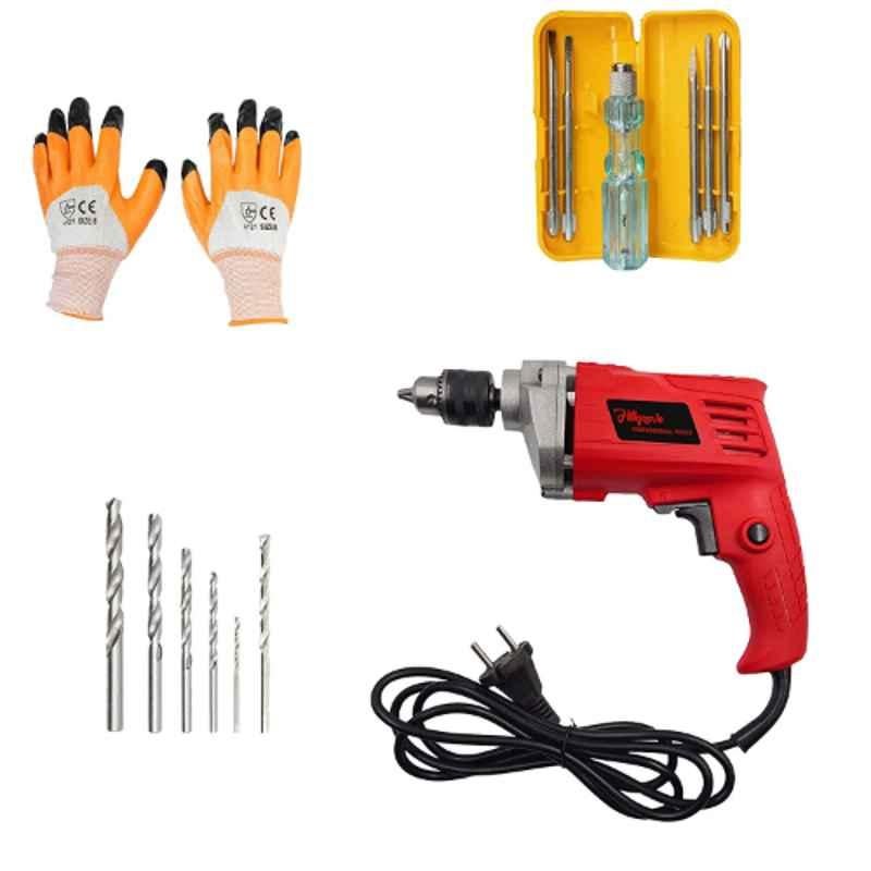Hillgrove HGCM324M1 550W 10mm Drill Machine, Hand Gloves, 5-in-1 Screwdriver, 6 Pcs Masonry & Metal Drill Bit Set, HGCM616