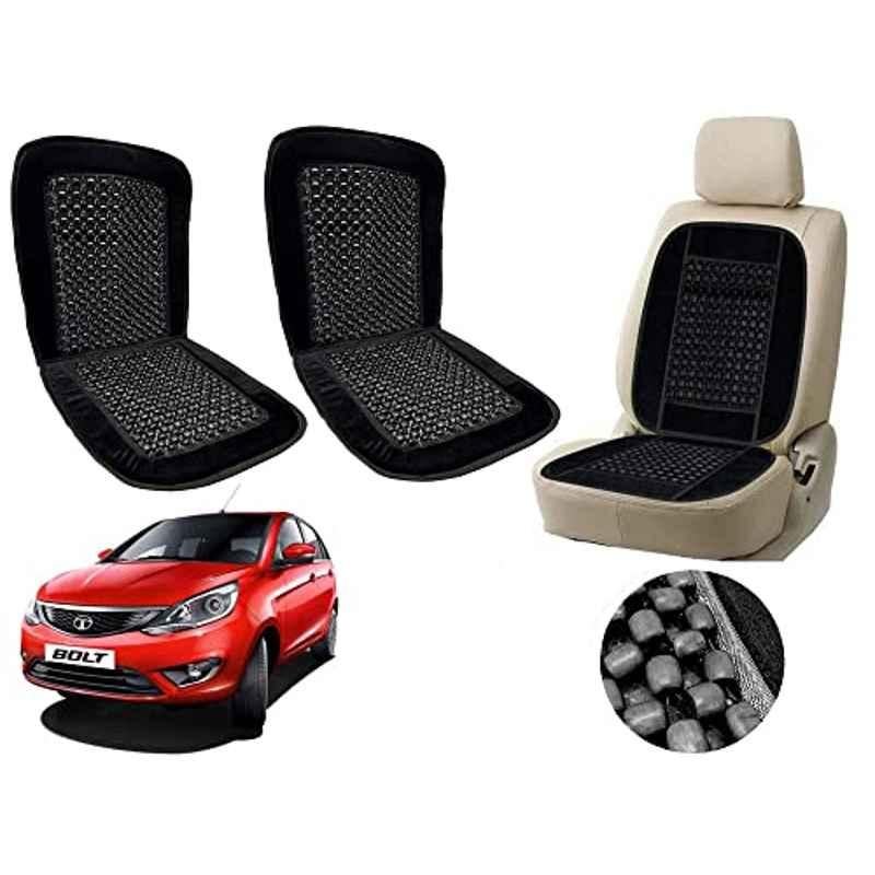 Auto Pearl PU, Velvet & Wooden Beads Black Rectangular Seat Cushion for Tata Bolt (Pack of 2 )