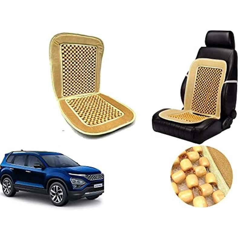 Auto Pearl PU, Velvet & Wooden Beads Beige Rectangular Seat Cushion for Tata Safari