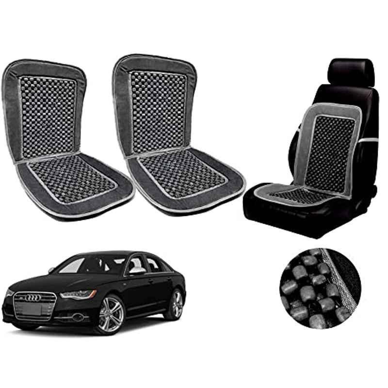 Auto Pearl PU, Velvet & Wooden Beads Grey Rectangular Seat Cushion for Audi S6 (Pack of 2 )