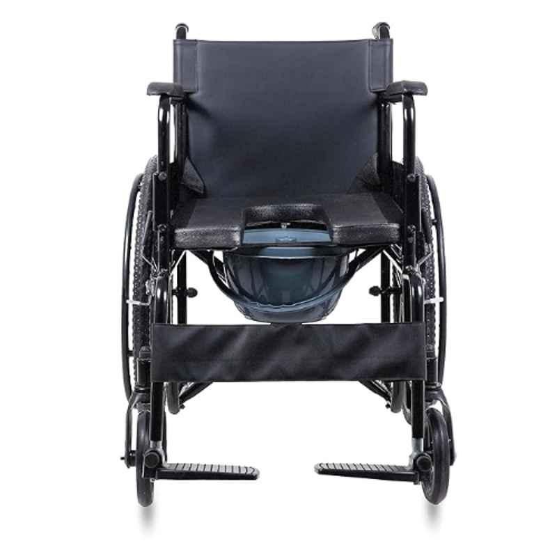 Everactiv EZEE 120kg 18 inch Carbon Steel Black Foldable Wheelchair with 2 Extra Washable Seat Sheets for Regular & Commode Use