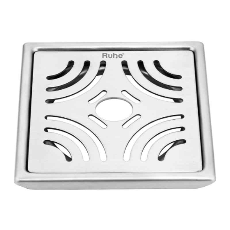 Ruhe Emerald 6x6 inch Stainless Steel 304 Brushed Finish Square Floor Drain with Hole, 16-0506-08