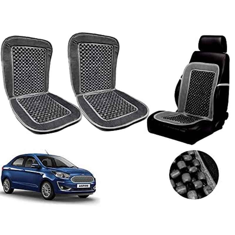 Auto Pearl PU, Velvet & Wooden Beads Grey Rectangular Seat Cushion for Ford Aspire 2019 (Pack of 2 )