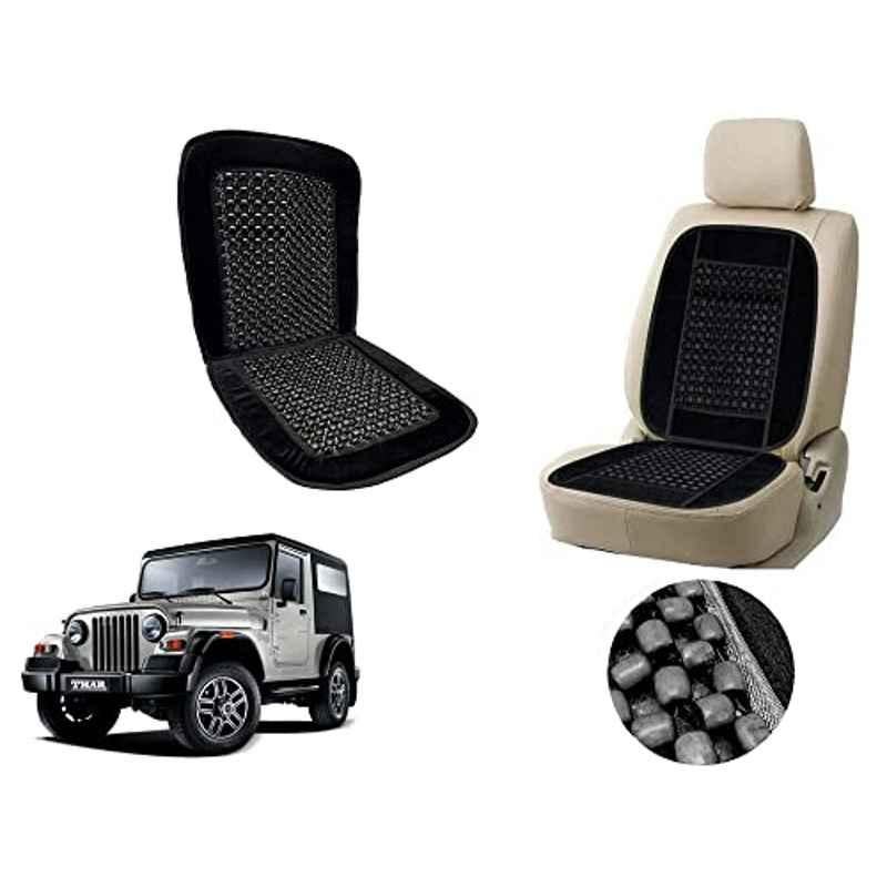 Auto Pearl PU, Velvet & Wooden Beads Black Rectangular Seat Cushion for Mahindra Thar