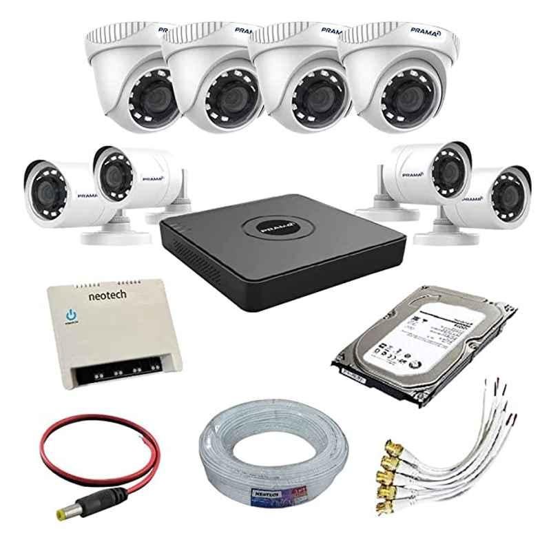 Prama 1MP 4 Pcs Bullet 4 Pcs Dome CCTV Camera Kit with 8 Channel DVR, 1TB Hard Disk & 70 m Wire
