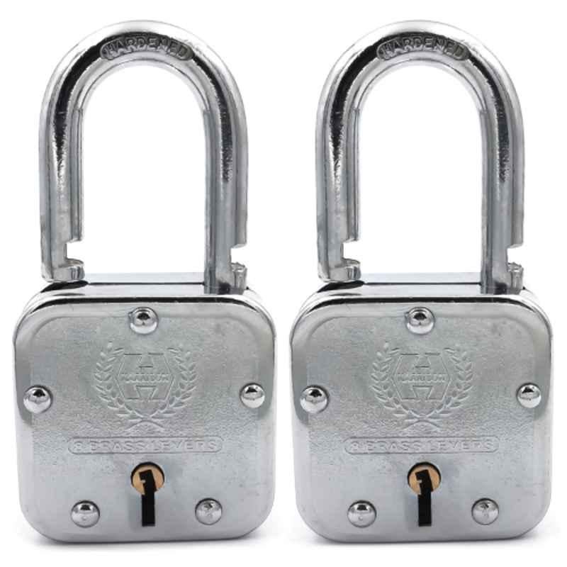Harrison 65mm 8 Lever Mild Steel Bright Chrome Plated Finish Square Padlock with 3 Keys, T-27-0033 (Pack of 2)