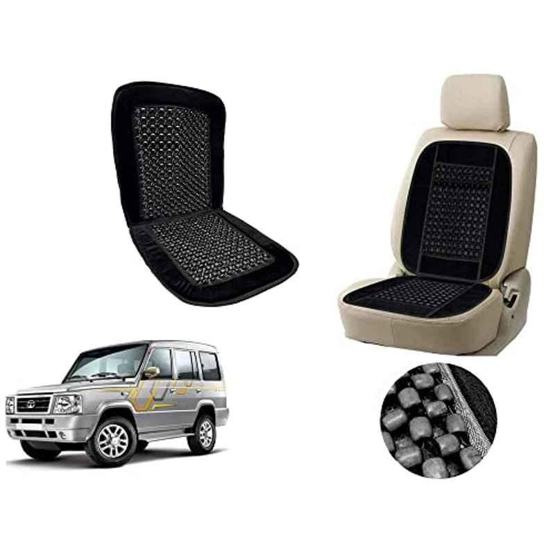 Auto Pearl PU, Velvet & Wooden Beads Black Rectangular Seat Cushion for Tata Sumo