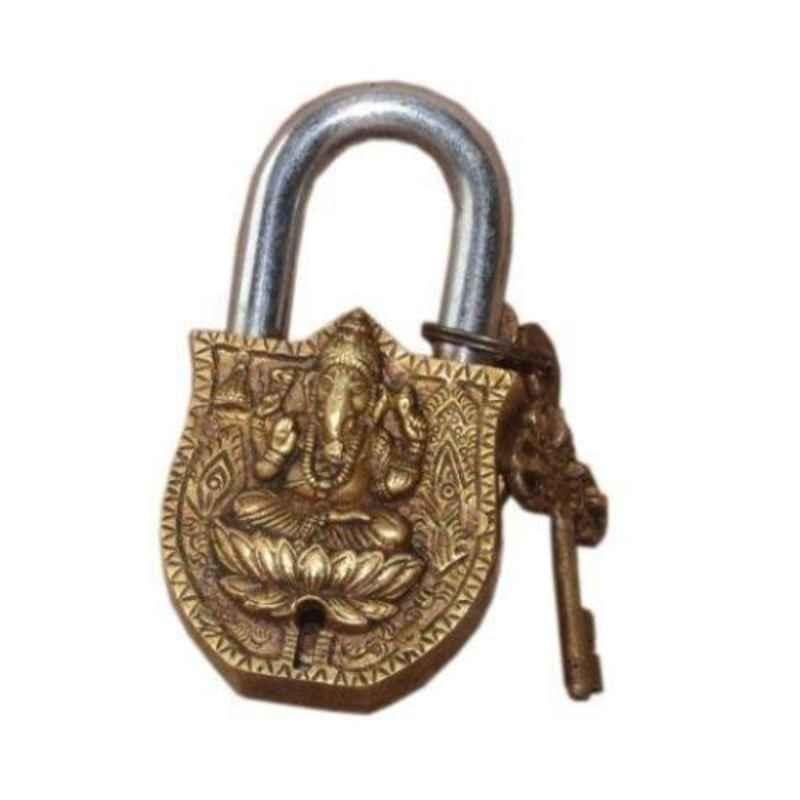 Smart Shophar 4 inch Brass & Steel Yellow Ganesha Padlock, SLK18PD-GANE-YL04-P1 (Pack of 6)