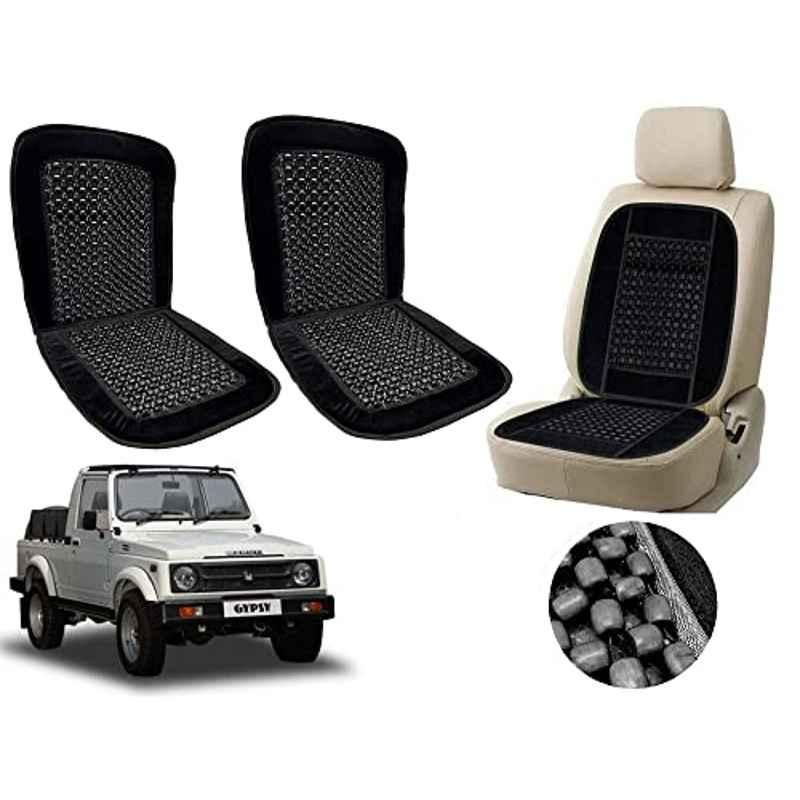 Auto Pearl PU, Velvet & Wooden Beads Black Rectangular Seat Cushion for Maruti Suzuki Gypsy King (Pack of 2 )