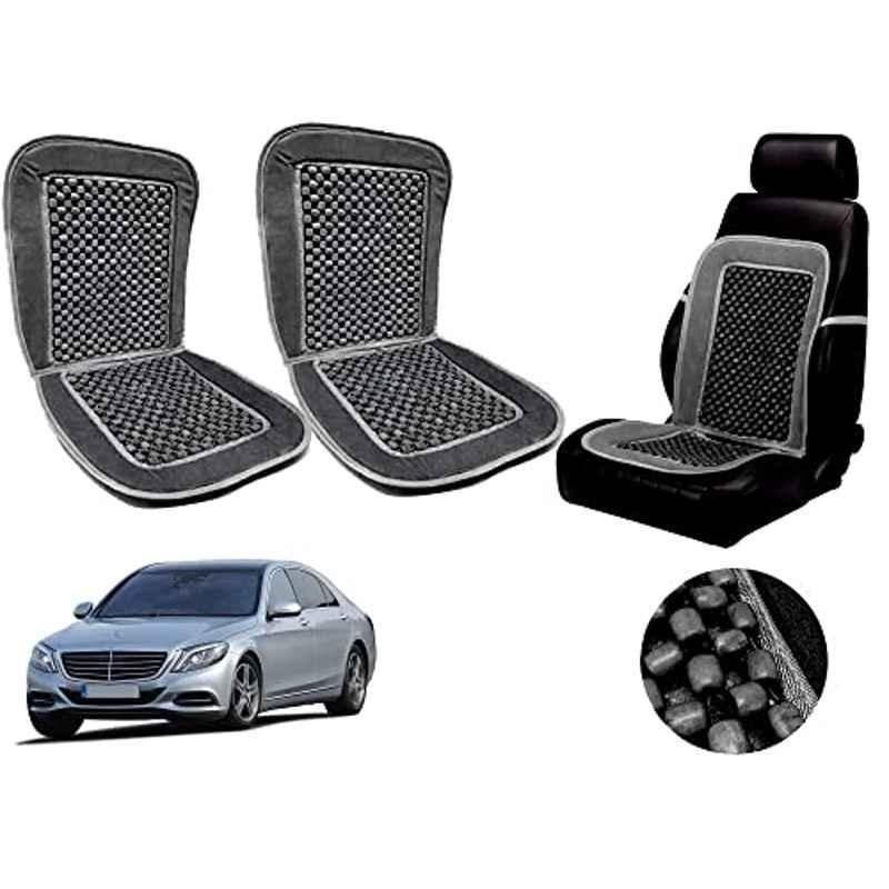Auto Pearl PU, Velvet & Wooden Beads Grey Rectangular Seat Cushion for Mercedes Benz S-Class (Pack of 2 )