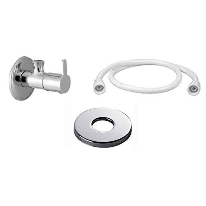Spazio Fusion Stainless Steel Chrome Finish Angle Valve with Wall Flange & Hose Pipe for Hot and Cold Water