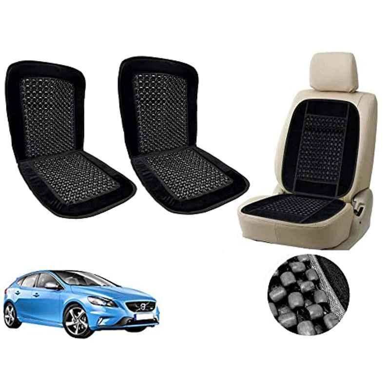Auto Pearl PU, Velvet & Wooden Beads Black Rectangular Seat Cushion for Volvo V40 (Pack of 2 )