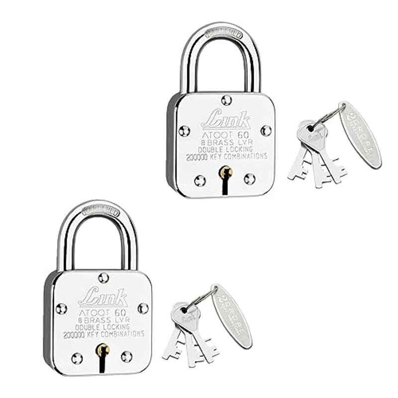 Link 60mm Steel Hardened Shackle Padlock with 8 Brass Lever, 3 Silver Keys & Free Key Hanger, Atoot 60 (Pack of 2)